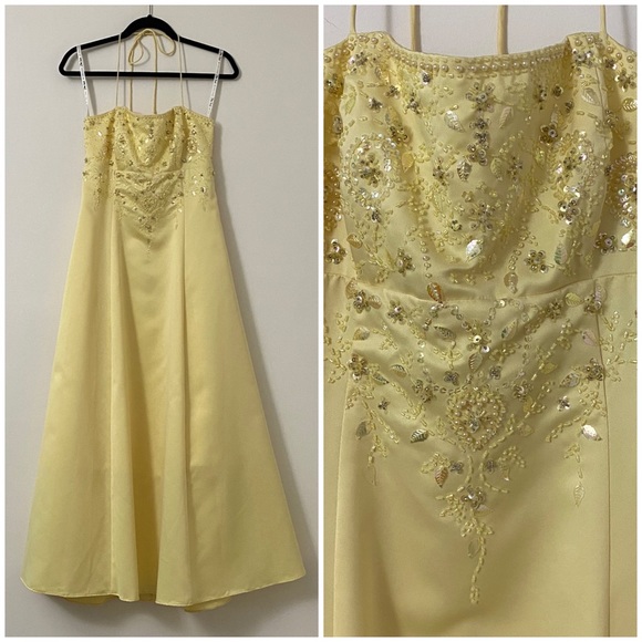 Zum Zum by Niki Livas Yellow Floral Beaded Halter Formal Dress - Picture 1 of 12